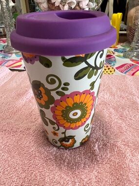 Longaberger White Floral Travel Mug with Purple Lid